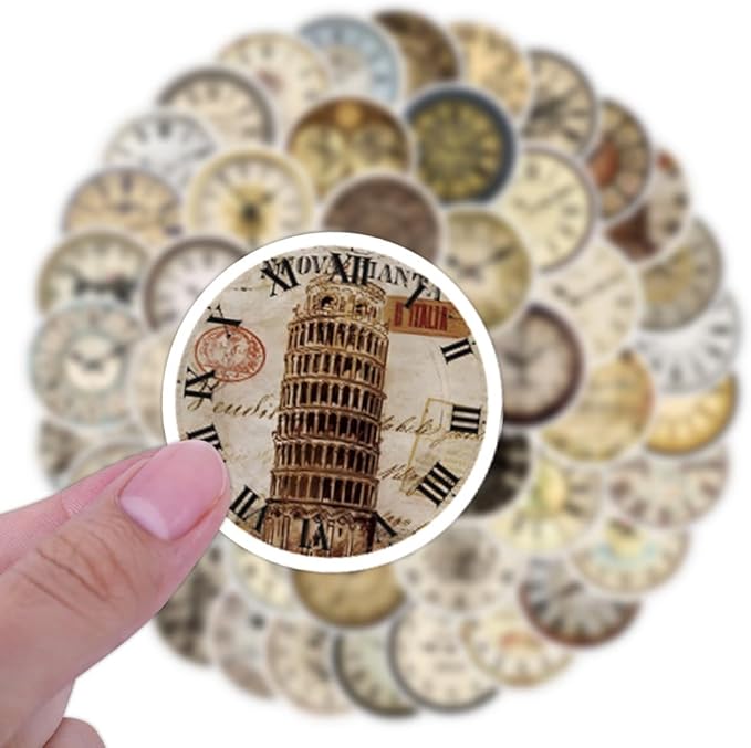 Retro Clock Stickers for Scrapbooking,50 Pcs Vintage Timepiece Decals, Waterproof Vinyl Stickers for Journals, Laptops, Home Decor, Ideal for Vintage Lovers Adults (Clock)