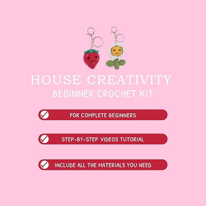 HOUSE CREATIVITY Beginner Crochet Kit for Adults, Beginners Crocheting Knitting Kit with Yarn Sets, Step-by-Step Video Tutorials,Animal Craft Kit, Holiday Birthday Gifts(Strawberry & Sunflower)