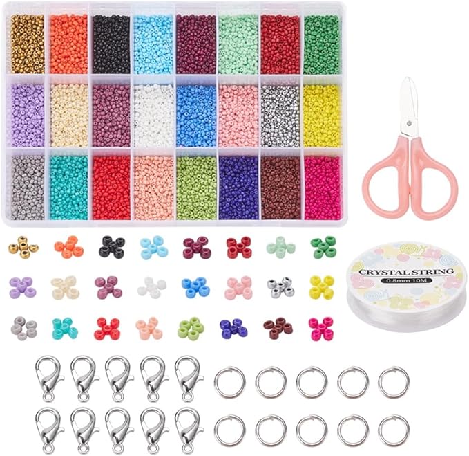 24000 Pcs 2mm Glass Seed Beads Bracelet Making Kit, Small Beads Friendship Jewelry Craft Kit with Lobster Clasps, Jump Rings & Elastic Cord, DIY Art Craft Gift for Girls