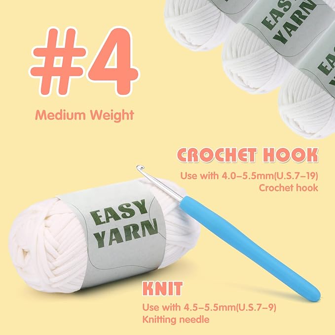 4x50g(7.1Oz) Yarn for Crocheting and Knitting, 4x87yds Beginner Easy Crochet White Cotton Yarn for Beginners with Easy-to-See Stitches, Worsted-Weight Medium #4 - Cotton-Nylon Blend