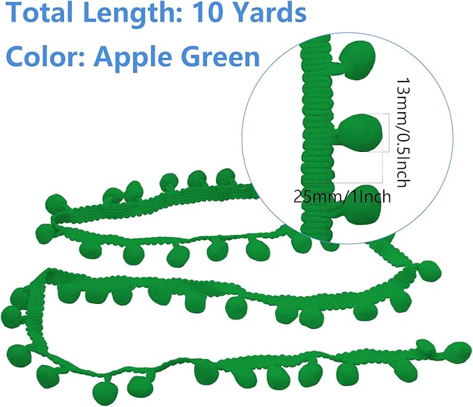 Homiest 10 Yards Pom Pom Trim for Sewing, 1 Inch Wide Apple Green Ribbon Bundles Textured Fabric Fringe Ribbon, 13mm Ball Pompom Trim for DIY Crafts Curtain Clothes Pillow Home Decoration