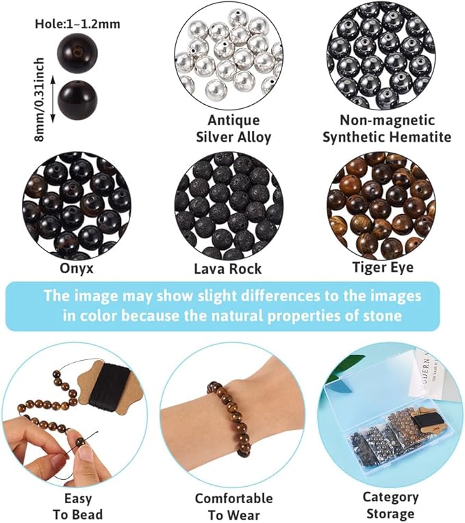 FASHEWELRY Mala Yoga Men Bracelet Making Kit - 220pcs Natural Gemstone Lava Rock Tiger Eye Beads Healing Crystal Chakra Stone Beads with Black Nylon String for Essential Oil Diffuser Jewelry Making