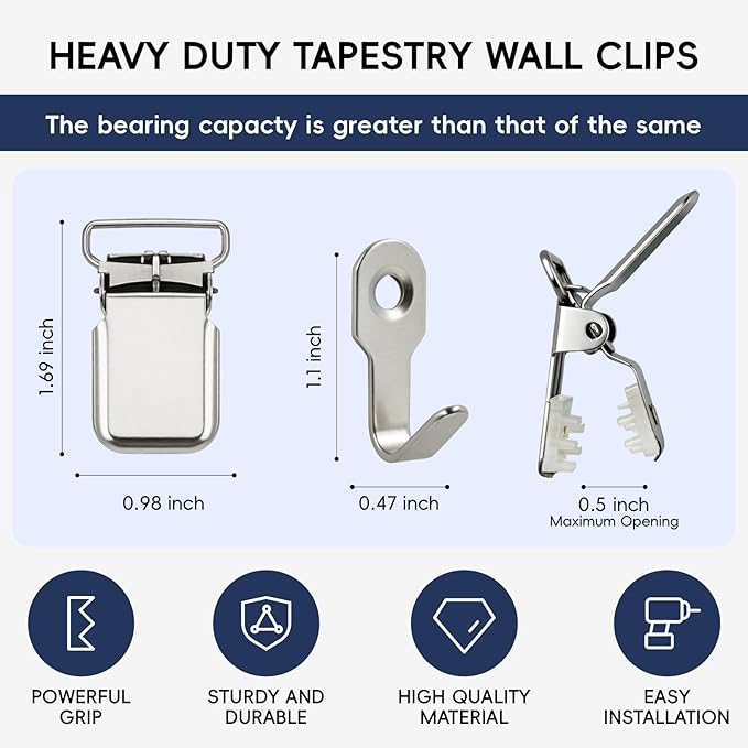 Tapestry Hangers, Heavy Duty & Non-Slip Rug Hangers for Wall, Strong Metal Wall Clips for Hanging Quilts, Large Blankets and Heavy Carpets, Versatile Wall Display Clamps (Silver, 8)