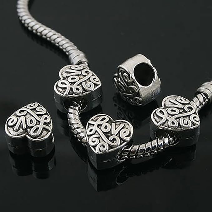 RUBYCA 30pcs Tibetan Silver Tone Spacer Beads Fit European Charms Bracelet HRUBYCA with Love Design