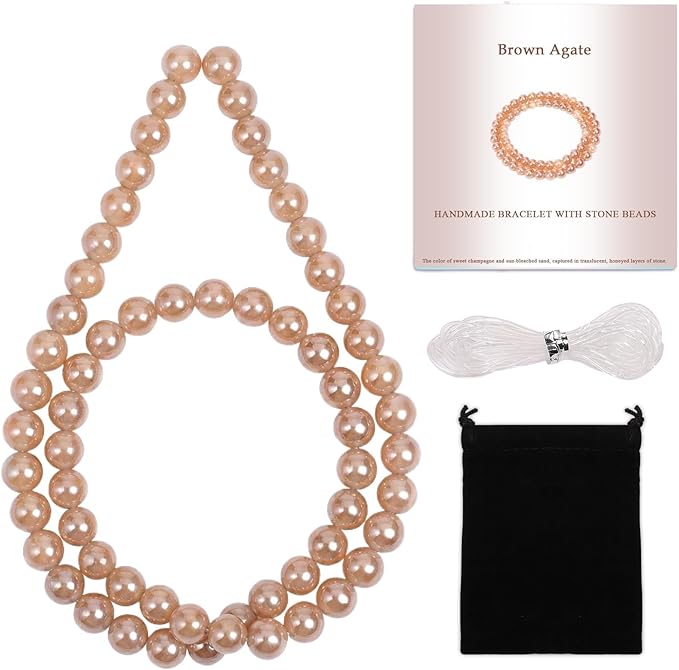 Stone Beads, 60pcs Brown Agate, 6mm Round Loose Beads for Jewelry Making, Bracelets, with Bag, String & Card