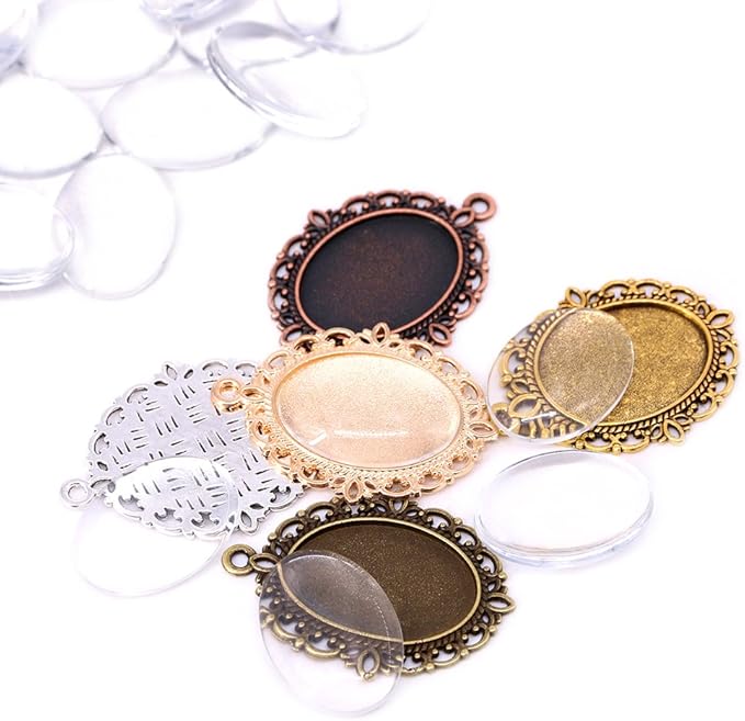 Swpeet 60 Pcs Pendant Trays Kit, Including 30 Pieces 5 Colors Pendant Trays Oval Bezels with 30 Pieces Glass Dome Tiles for Crafting DIY Jewelry Making