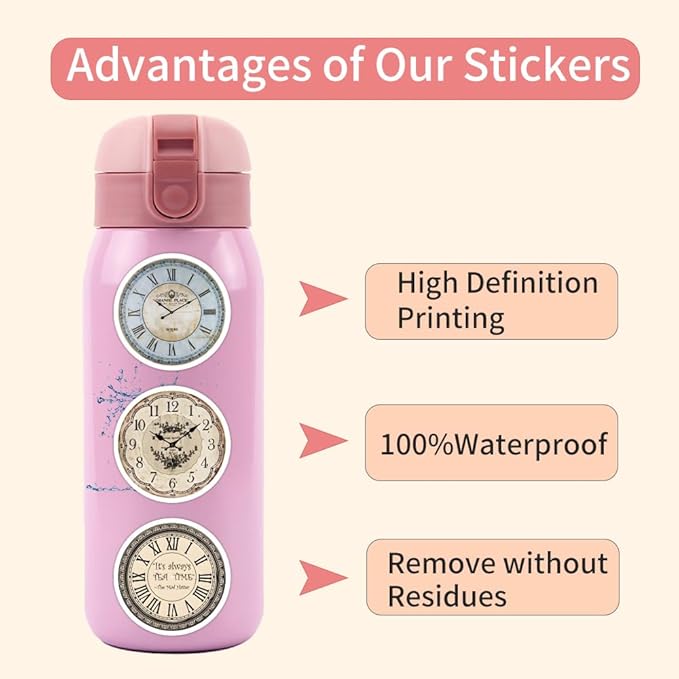Retro Clock Stickers for Scrapbooking,50 Pcs Vintage Timepiece Decals, Waterproof Vinyl Stickers for Journals, Laptops, Home Decor, Ideal for Vintage Lovers Adults (Clock)