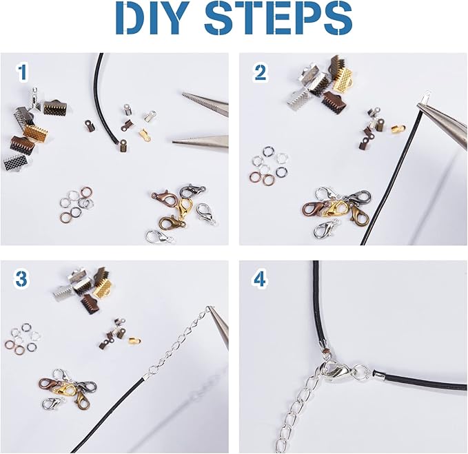 PH PandaHall About 2580Pcs Jewelry Finding Kits of Fold Over Iron Cord Ends Ribbon End Jump Rings and Lobster Claw Clasps in 6 Colors Mixed Sizes