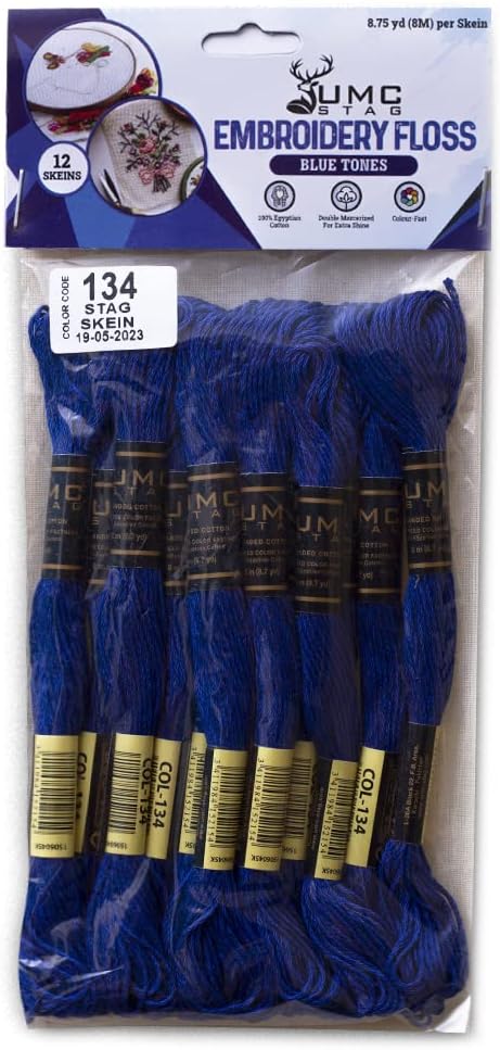 Pack of 12 Premium Embroidery Thread | 100% Egyptian Cotton Premium Skeins | Cross Stitch Embroidery Floss | Oeko TEX Certified Stranded Cotton | Ideal for Arts & Crafts (Royal Blue 134)