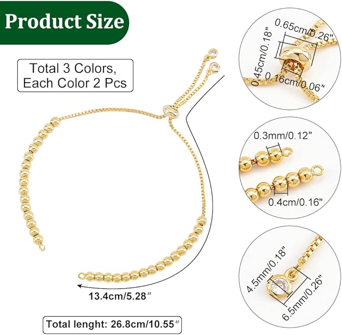 NBEADS 6 Pcs 3 Colors Slider Bracelets, 10.55" Half Finished Adjustable Bracelets Brass Cubic Zirconia Extender Chains with Ball Ends for Jewellery Making