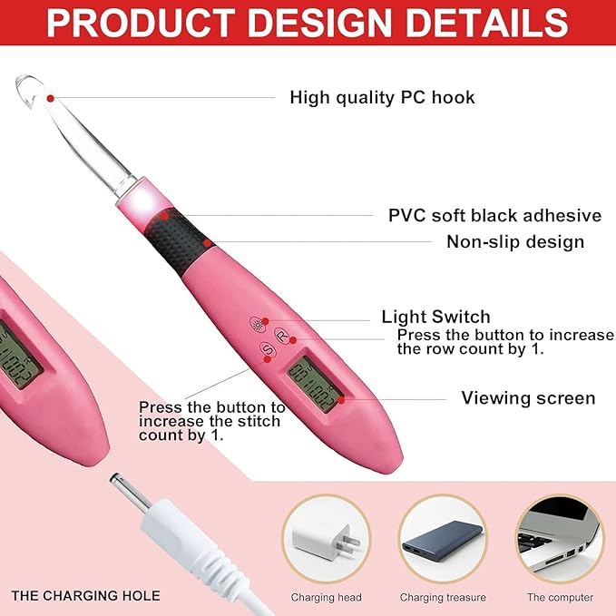 Light Up Crochet Hooks Set-Crochet Hooks Set Digital with 24 Interchangeable Crochet Kit,Lighted Crochet Hooks with 2 Levels Led,Beginner Knitting Kit for Stitch & Row Counter