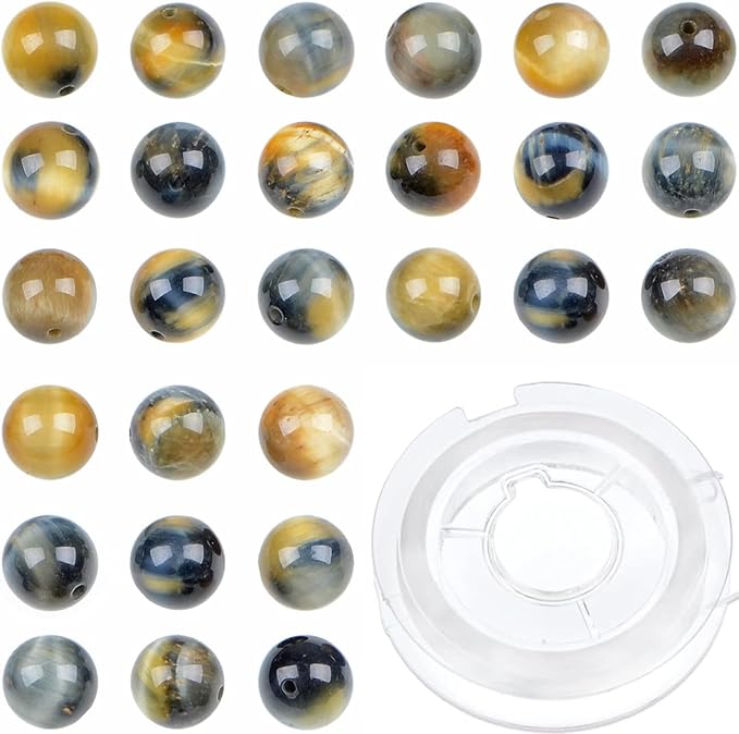 bymitel 210pcs crystal beads stone gemstone round energy healing loose beads with stretch cord for jewelry making bracelets anklets (yellow blue tiger's eye, 6mm 210pcs)