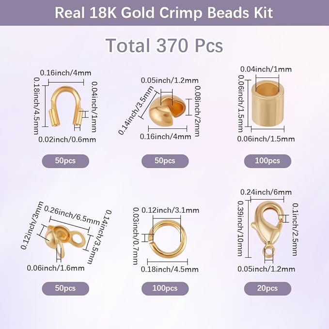 Beebeecraft 1 Box 370Pcs Crimp Beads Kit 18K Gold Plated Wire Guardian Crimp Tubes Spacer Beads Bead Tips Knot Covers Lobster Clasps Jump Rings for Jewelry Making Earring Necklace DIY Crafts