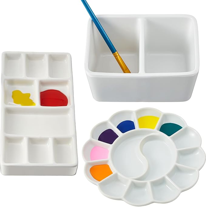 Skyygemm Ceramic Watercolor Paint Palette Set, 3pcs 14-Well & 9-Well Porcelain Mixing Trays with Brush Washer, Non-Stain Easy Clean for Artists