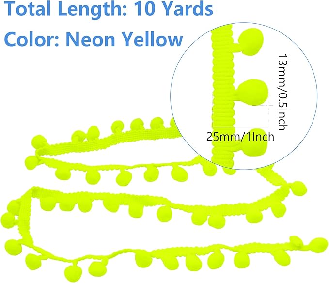 Homiest 10 Yards Pom Pom Trim for Sewing, 1 Inch Wide Neon Yellow Ribbon Bundles Textured Fabric Fringe Ribbon, 13mm Ball Pompom Trim for DIY Crafts Curtain Clothes Pillow Home Decoration