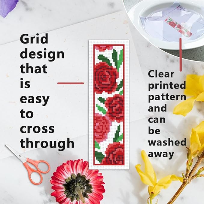 INFUNLY 6pcs Red Rose Cross Stitch Bookmark Kits DIY Sunflower Peach Blossom Embroidery Bookmark Kits for Beginners with Instruction Blue Flower Bookmark Making Kit for Book Lovers Readers Women Gifts
