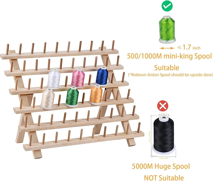 Simthread [Upgraded] 60 Spools Wooden Thread Holder, Thread Rack Organizer Stand with Hanging Hooks for Embroidery Sewing Hair Braiding
