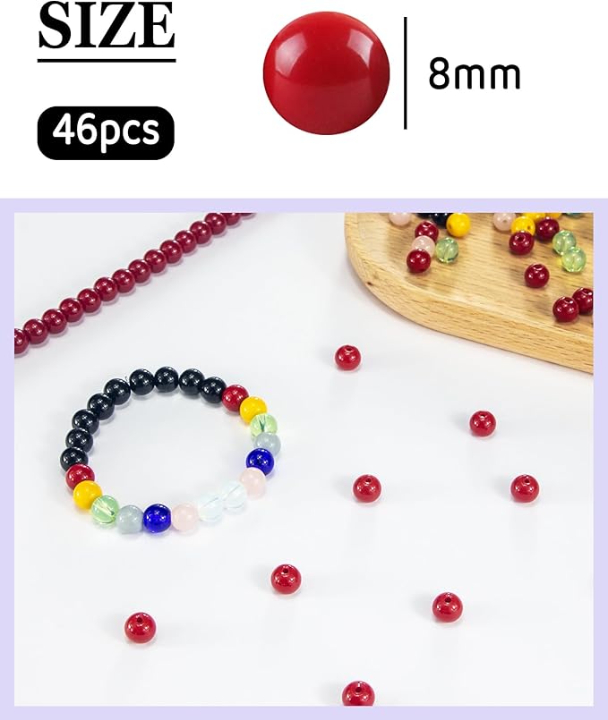 8mm Glass Beads 46PCS Glass Beads for Jewelry Making Charm Round Loose Bead for Bracelet Making Kit (Red Agate)