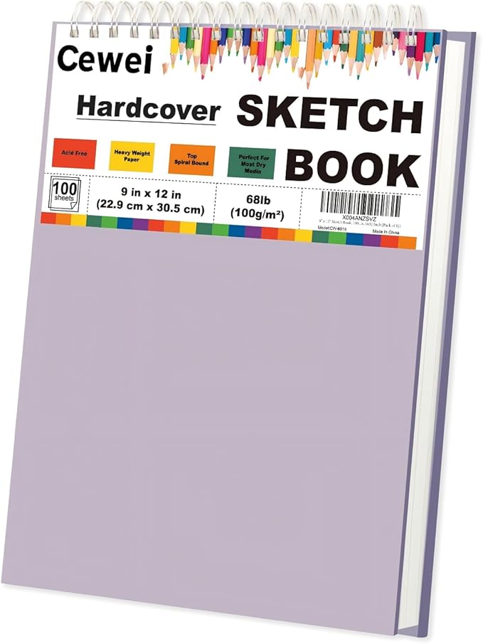 cute sketch book for kids ages 8-12 girls, 1 pack-100 sheets purple sketch book 9x12, 68lb/100gsm cute sketchbook for girls, spiral sketch pads for drawing, art supplies for teens.