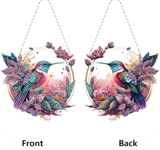 POETRYDRAW DIY Hanging Diamond Art Pendant Kit Hummingbird, Special Crystal Diamonds Painting Ornament for Adults, Diamond Art Suncatchers Double Sided Board Gem Painting Box Kit