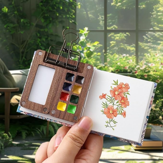 Mini Watercolor Paint Set Travel Watercolor Set Pocket Artist Watercolor Travel Set with Watercolor Palette,Watercolor Brushes, 12 Colors, Watercolor Sketchbook for Artists Painters Students(Wood)