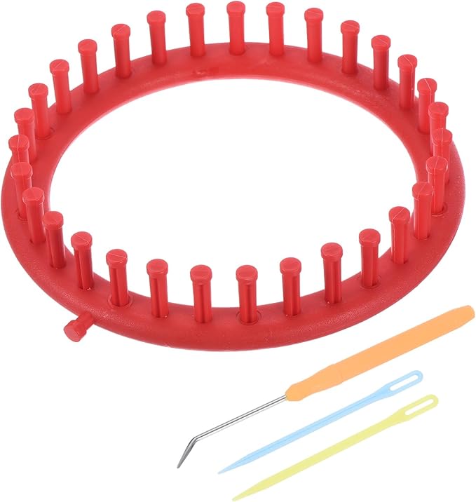 PATIKIL 31 Hooks Round Knitting Loom Machines Kit, 19cm OD Darning Weave Tool with Accessories for Scarf Sweater Shawl Blankets Mending Weaving Stitching, Red