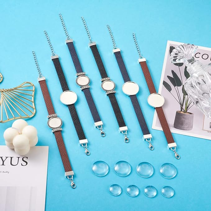 FASHEWELRY 14Pcs PU Leather Cord Bracelet Bezel Tray Blank Flat Round Cabochon Settings Bezel Tray Watch Bands Base Tray Bracelet Blanks with Glass Cabochons for Jewelry Making