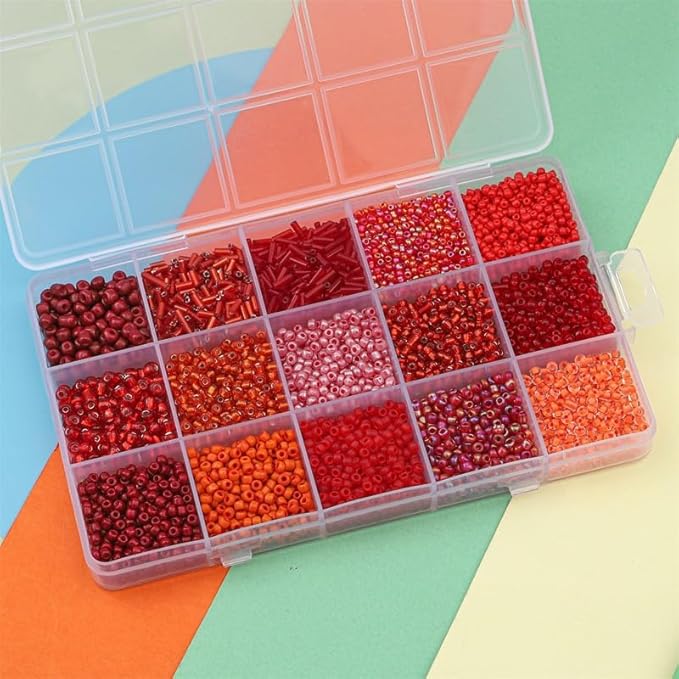 Mix 15 Color Glass Seed Tube Beads Glass Bugle Beads Loose Kit for Jewelry Making DIY Craft Beading (Mix 15 Color, Red)