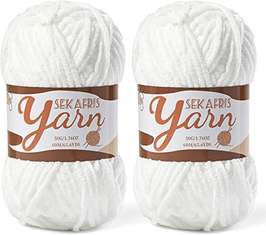 2 Pack Fluffy Velvet Yarn for Crocheting，Baby Blanket Yarn for Crocheting Soft，100g(131yds) Amigurumi Yarns，Plush Chenille Crochet Yarns，Puzzle Yarn for Crochet Weaving Craft(2 Snow White)