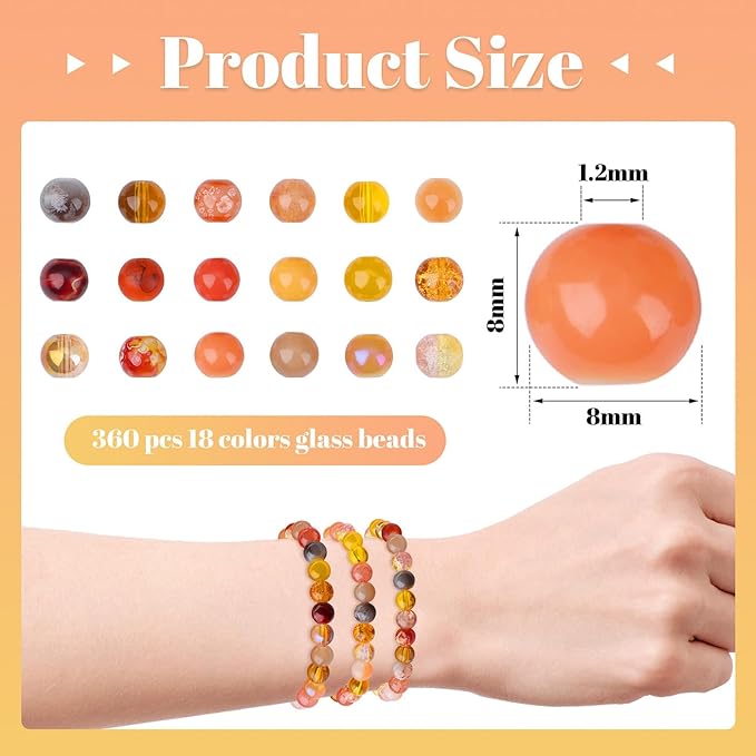 DUQGUHO 8mm Orange Beads for Jewelry Making Orange Glass Beads for Crafts Bracelets, Necklaces & DIY Crafts Glass Round Bead 360PCS