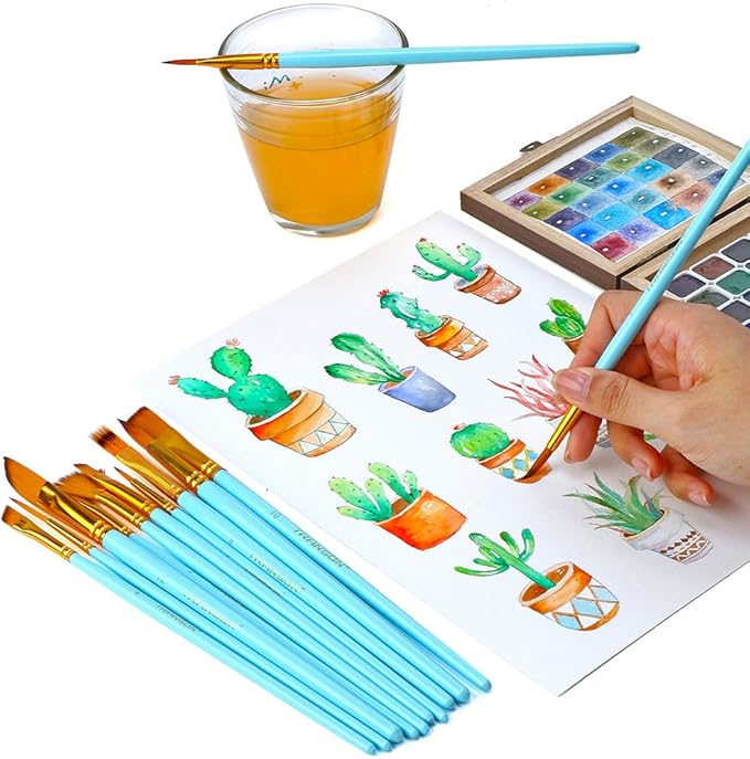 Transon Artist Paint Brush Set of 12 for Acrylic Watercolor Gouache Oil Craft Painting Blue