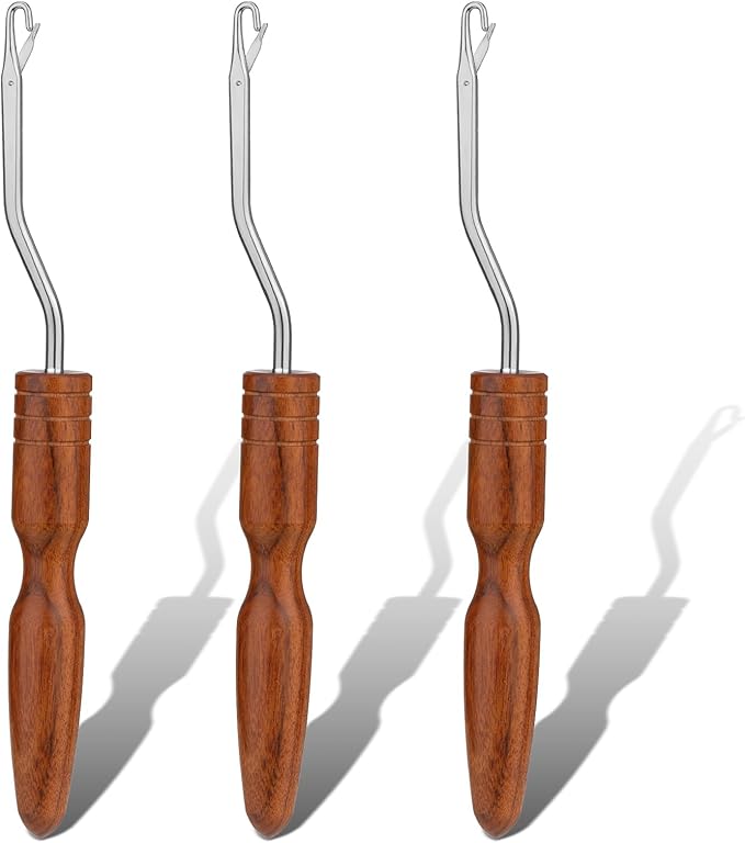 Giwrmu 3 Pcs Latch Hook Tools, Wooden Bent Latch Hooks Kits for Adults, Large Latch Hook Crochet Needle for Hair Extension, Micro Braids and Carpet Craft