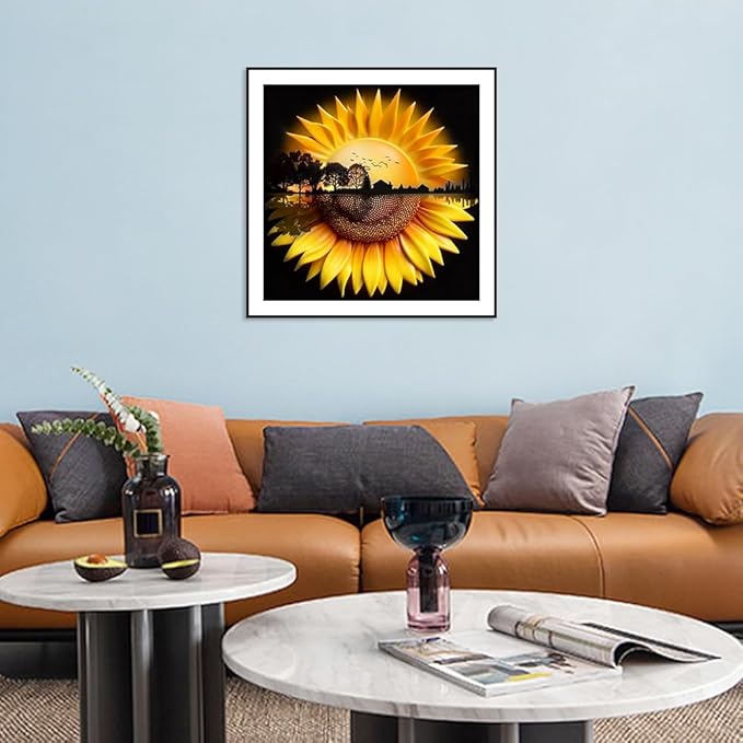 Domnpes Sunflower Diamond Art Kits for Adults, 5D Diamond Painting Kits for Beginners, DIY Round Full Drill Bead Craft for Home Wall Decor Gift 11.8x11.8 inch, Landscape