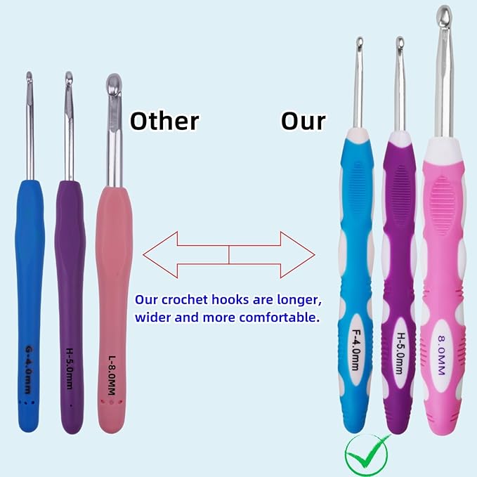 4mm 5mm 8mm Crochet Hook, Smooth Metal Head and Soft Rubber Grip Extra Long Ergonomic Crochet Hooks for Arthritic Hands, Beginners and Crochet Enthusiast