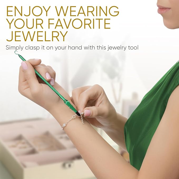 Bracelet Helper Tool with Hook - Fastener Helper Tool for Bracelet, Necklace, Jewelry, Watch - Clip, Clasp Helper - Portable, Easy-to-Use, Made of Metal - Emerald