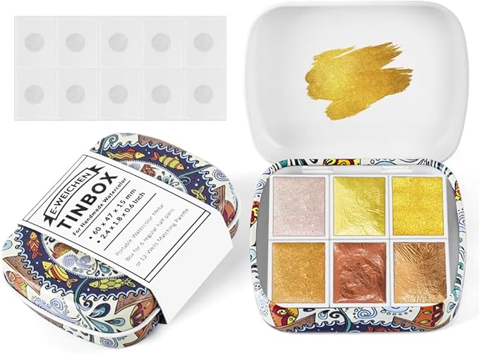 Art Supplies Handmade Watercolor Paint Set - 6 Metallic Gold Colors Half Pans Glitter Solid Water Color- Metal Case Sparkle Pearlescent Watercolour for Artists, Golden