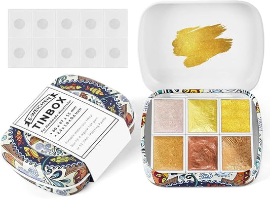 Art Supplies Handmade Watercolor Paint Set - 6 Metallic Gold Colors Half Pans Glitter Solid Water Color- Metal Case Sparkle Pearlescent Watercolour for Artists, Golden