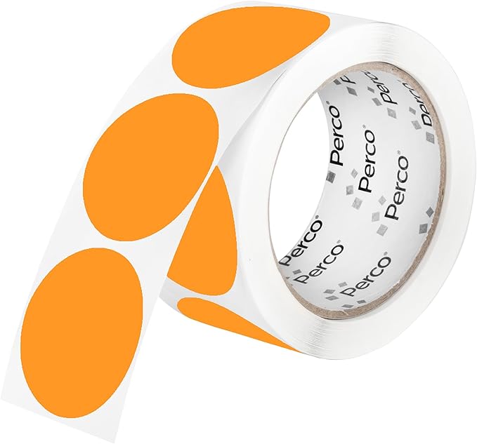 perco fluorescent orange 2-inch perforated circle dot sticker labels — 250 round stickers per roll — with permanent adhesive for organizing, color coding, bin labeling, packaging alerts — made in usa