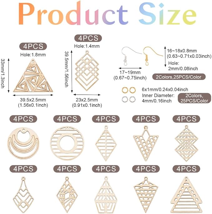 48pcs Wooden Earring Charms Unfinished Natural Wood Filigree Pendants in Round & Triangle & Rhombus & Kite & Tree Shape with Earring Hooks & Jump Rings for Boho Earring DIY Jewelry Making