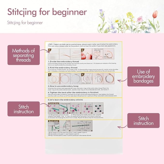 4 pack embroidery kit for beginners adults diy starter kit, cross stitch kits with flower stamped patterns, embroidery hoop, tools,colorful threads,step by step instructions,hand craft lover gift