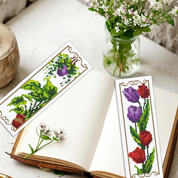 INFUNLY 6 Set Tulips Cross Stitch Bookmark Kit Sunflower DIY Cross Stitch Kits 8.5x2.9 Pre-Printed Plant Stamped Embroidery Bookmark Kit with Instruction for Beginners Adults Book Lovers