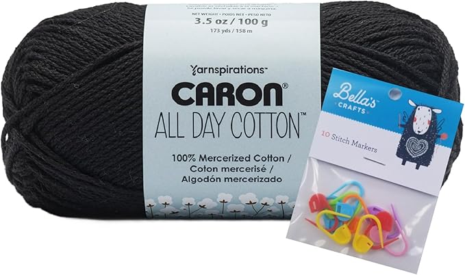 Caron All Day Cotton Yarn - 100g/3.5oz - 100% Mercerized Cotton - 173 Yards Bundle with Bella's Crafts Stitch Markers (Black)
