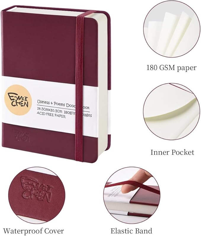 Hardcover 96Pages Blank Sketch Book for Drawing, Small 5.7x4.1 Pocket Journal Notebook for Travel, 180gsm Thick Paper Diary Notebooks for Work, PU Cover Memo for Writing. Wine Red