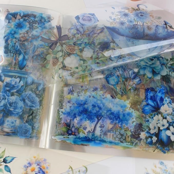 30 Sheets Precut Blue Flower Garden Landscape Stickers Book for Junk Journal Supplies, Transparent PET Stickers for Journaling, Scrapbooking, Bujo, Collage, Card Making