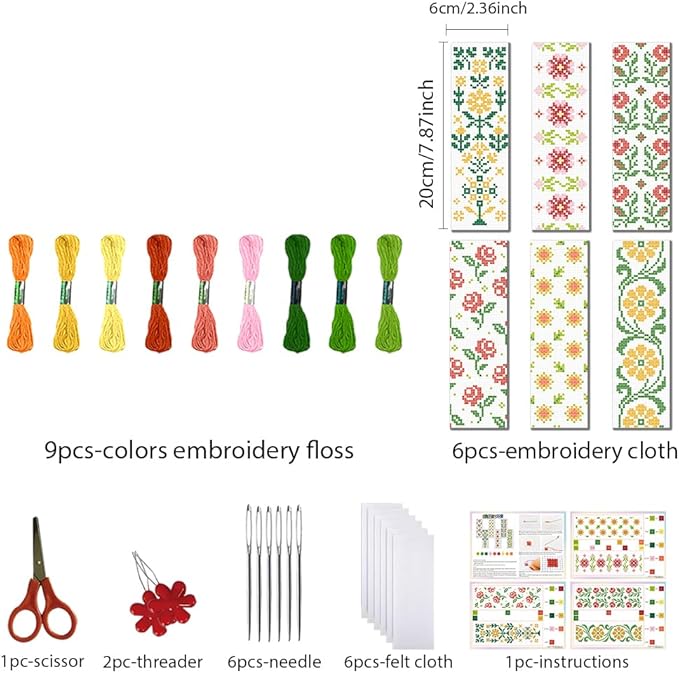 FREEBLOSS 6 PCS Cross Stitch Bookmark Kits for Beginner Stamped Cross Stitch Kit DIY Embroidery Bookmark Kit with Instructions, Flower and Leaves Pattern 8" x 2.4"