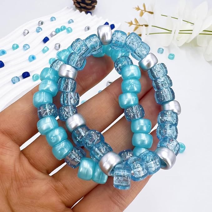 MIIIM 1000PCS 6x9mm Christmas Blue Pony Beads Bulk, 5 Styles Blue and Silver Kandi Beads for Bracelets Making Kit, Hair Braids Crafts for Jewelry Making (Christmas Blue)