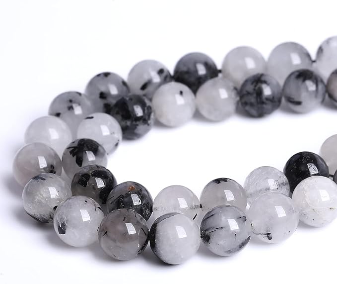 AAA Natural Black Quartz Rutilated Beads Round Loose Beads for Jewelry Making DIY Bracelet 45pcs 8mm Crystal Energy Healing Power Stone (Black Rutilated Quartz Crystal, 8mm)