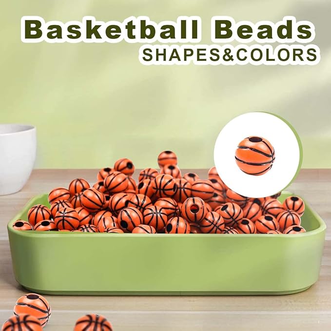 ZGQHZR 150Pcs Acrylic Basketball Beads for Bracelets Ball Beads with 2 Elastic Crystal Line Cord,2 Scissors for Jewelry Making Necklace Bracelet Earrings,Hair Braids and Key Chains (Basketball)