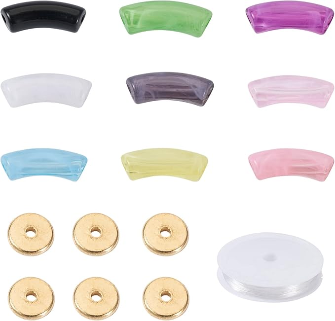 90Pcs Acrylic Chunky Tube Beads with Flat Round Brass Disc Spacer Beads & Elastic Crystal Thread, Imitation Gemstone Curved Tube Beads for Bamboo Bangles Bracelet Jewelry Making