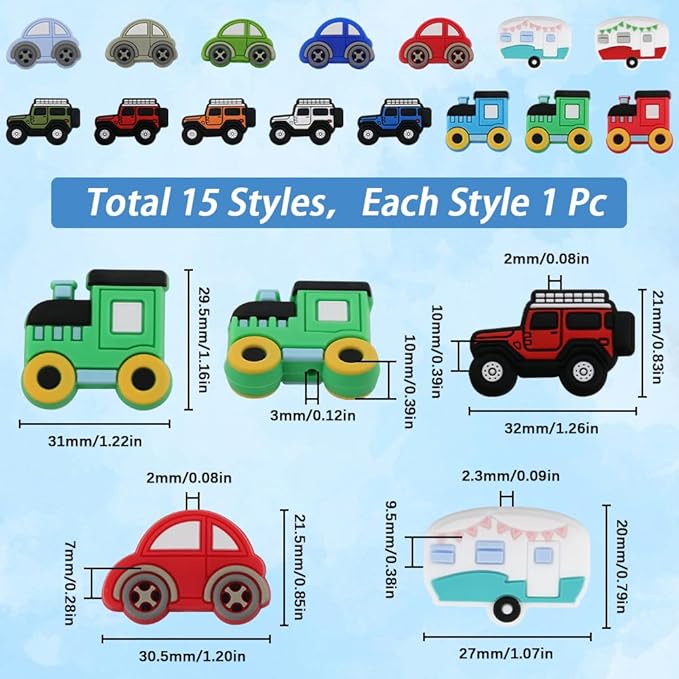 SUNNYCLUE 1 Box 15PCS Car Silicone Beads Cute Focal Rubber Beads Large 3D Cartoon Bus Rubber Soft Charms Center Drilled Chunky Loose Spacer Beads for Beading Pens Keychain Making Kit Bracelet Crafts